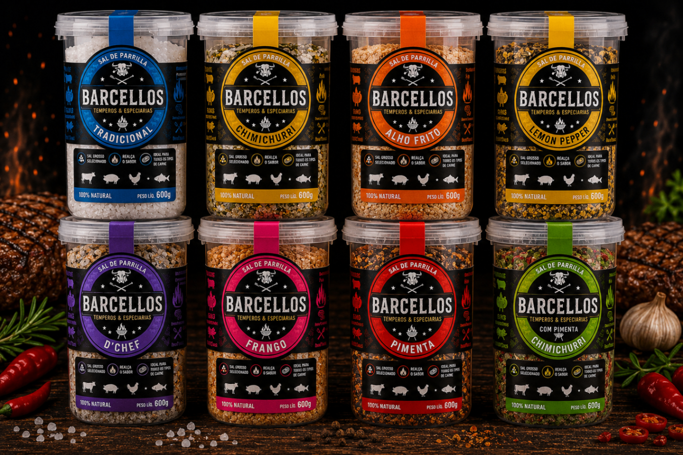 Nova linha de potes Barcellos com identidade visual renovada e cores por sabor.