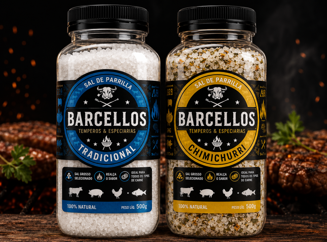 Dois potes Barcellos mostrando a nova identidade visual nas versões Tradicional e Chimichurri.